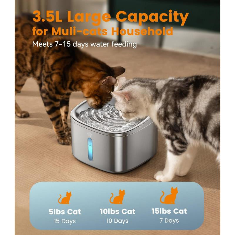Stainless Steel Cat Water Fountain 3.5L/118Fl Oz Automatic Pet Drinking Fountains for Cats Indoor Quiet Running Waterer Fountains(Pw03 +3 Sets Filters)
