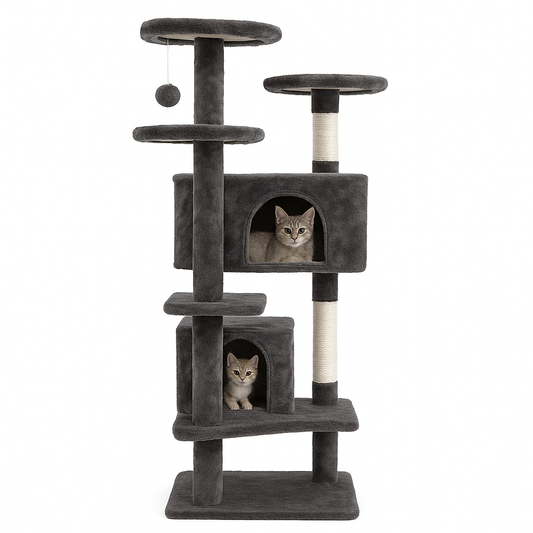 54-In Double Condo Cat Tree Tower Playhouse with Scratching Post & Perch for Indoor, Light Gray