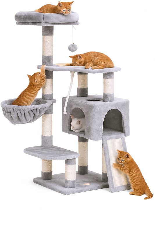Cat Tree, Cat Tower for Indoor Cats with Scratching Board, Multi-Level Cat Furniture Condo with Feeding Bowl, Light Gray HCT010W