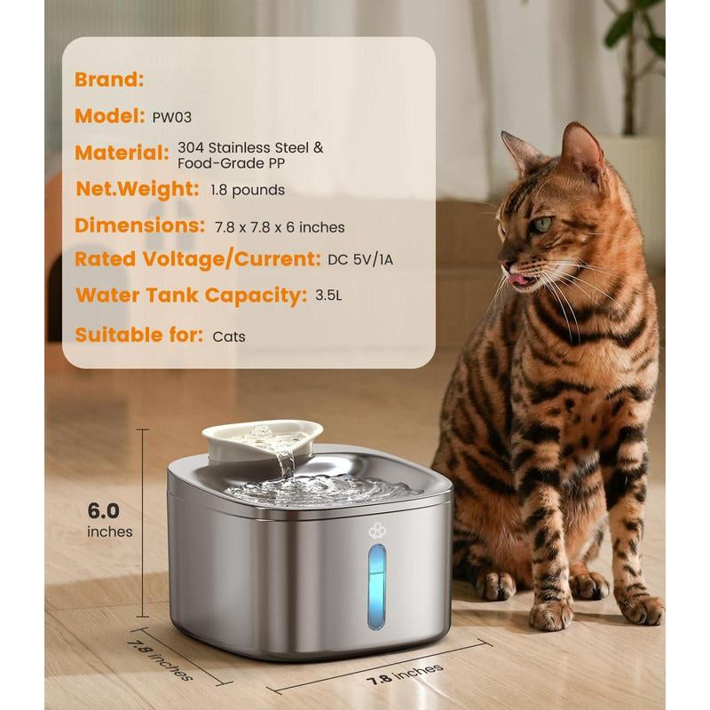 Stainless Steel Cat Water Fountain 3.5L/118Fl Oz Automatic Pet Drinking Fountains for Cats Indoor Quiet Running Waterer Fountains(Pw03 +3 Sets Filters)